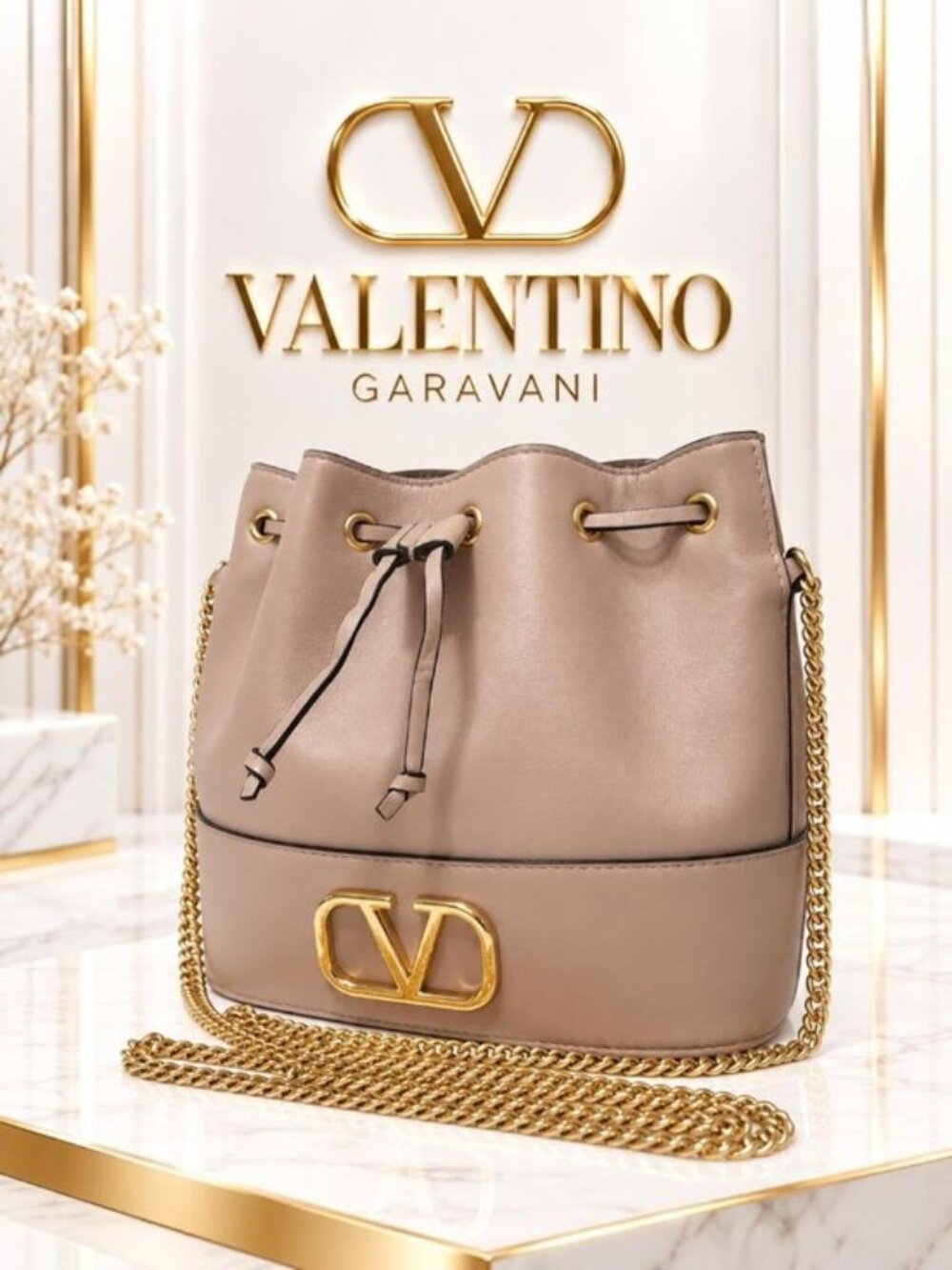 Authentic Valentino VLogo Beige Leather Bucket Bag Gold Chain Crossbody